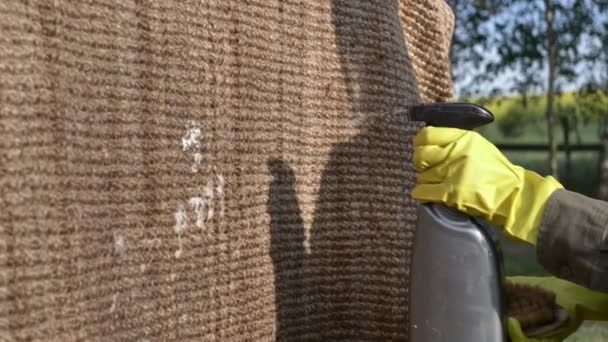 γυναίκα πλύσιμο και βρέξιμο ένα οικολογικό χαλί γιούτα σε εξωτερικό χώρο - Πλάνα, βίντεο
