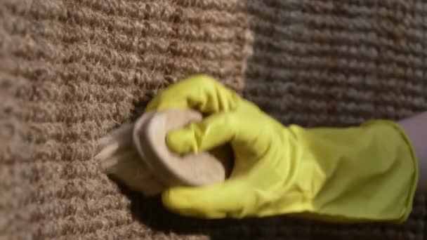 kobieta mycie i moczenie ekologiczny jute dywan w plenerze - Materiał filmowy, wideo