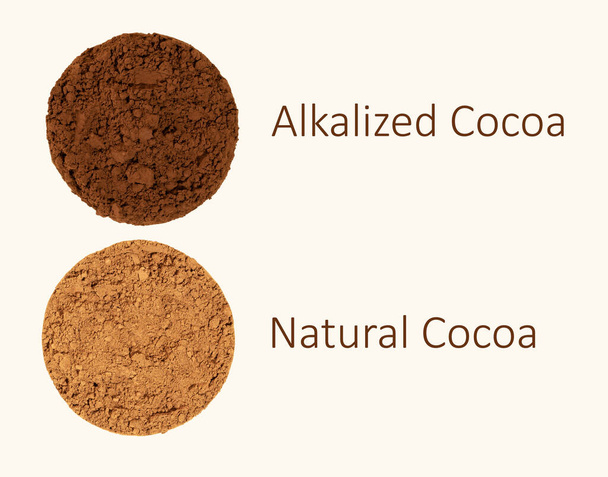 Natürliche und alkalische Textur Kakaopulver auf beigem Hintergrund. Vergleich des holländischen Prozesskakaos mit natürlichem Kakaopulver. Ansicht von oben, Bild mit Text. - Foto, Bild