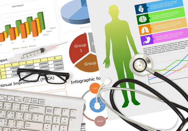 Image of business infographic and paperwork for health   data and analyzing flat lay on white background - Photo, Image