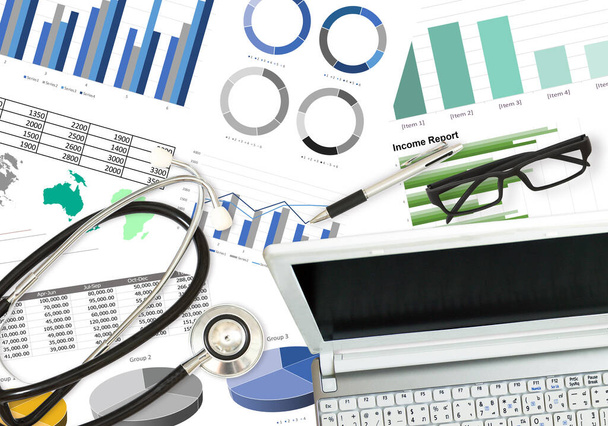 Image of business infographic and paperwork for health   data and analyzing flat lay on white background - Photo, Image