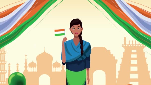Intia juhla päivä naisen heiluttaen lippu - Materiaali, video