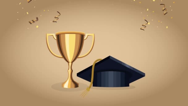 graduation celebration animation with hat and trophy - Footage, Video