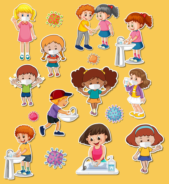 Sticker set of covid19 and cartoon character illustration - ベクター画像