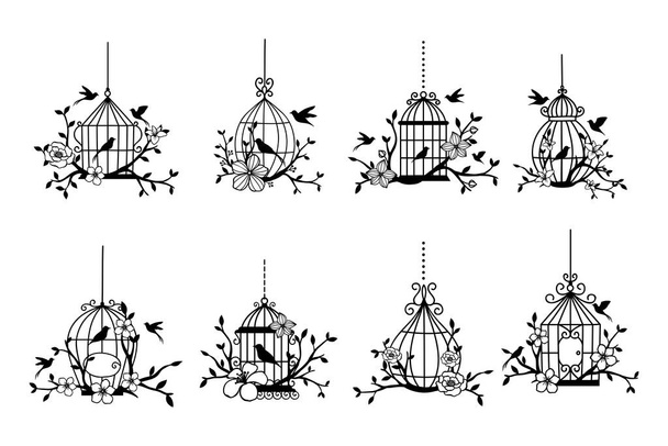 Conjunto de decoração de gaiola de pássaro de casamento desenhado à mão - Vetor, Imagem