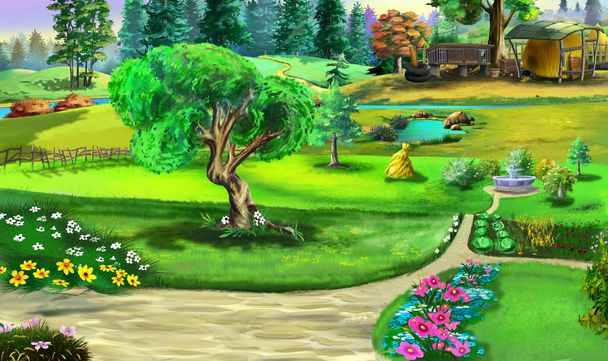 Residential landscape design of the backyard of a country house. Digital Painting Background, Illustration. - 写真・画像