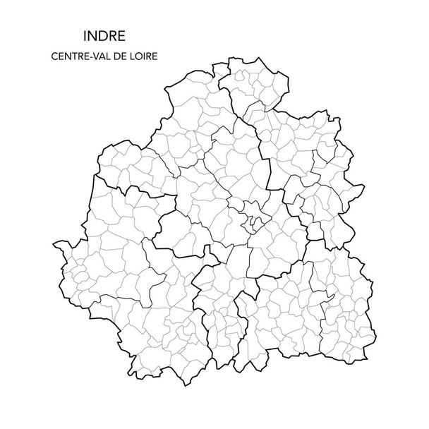 A francia Indre megye geopolitikai alkörzeteinek vektortérképe, beleértve az érkezéseket, kantonokat és településeket 2022-től - Centre-Val de Loire - Franciaország - Vektor, kép
