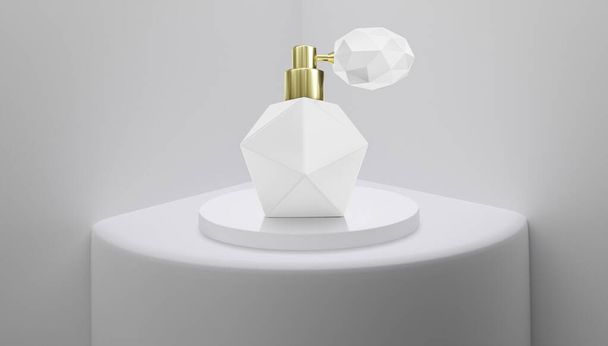 Perfume bottle on white cylinder for product display. 3D render - Valokuva, kuva