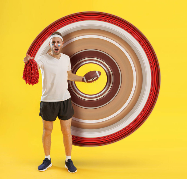 Male cheerleader with rugby ball on yellow background - Photo, Image