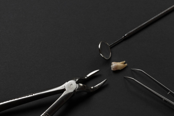 Stainless steel dental pliers, tweezers, a mouth mirror and an extracted sick tooth on the black background. Medical tools. - 写真・画像