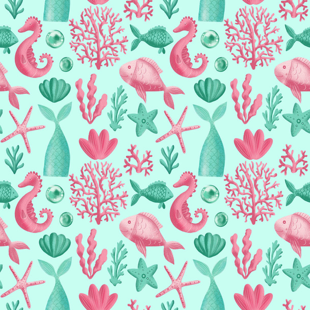 Mermaid tail, seahorse, fish and corals watercolor illustration. Seamless pattern - Foto, Imagem