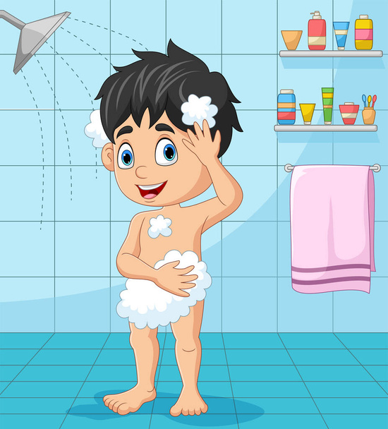 Vektorová ilustrace kresleného chlapce, jak se koupe - Vektor, obrázek