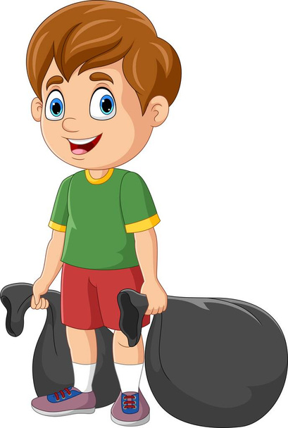 Ilustração vetorial do menino dos desenhos animados segurando dois sacos de plástico preto - Vetor, Imagem