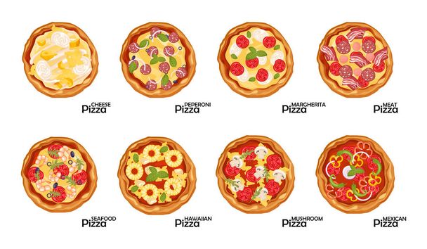 Conjunto de pizza deliciosa pizza fresca, comida rápida con diferentes rellenos. - Vector, imagen