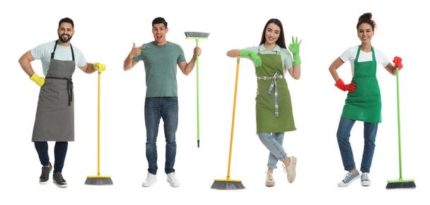 Collage with photos of happy people with brooms on white background. Banner design - Foto, Imagem