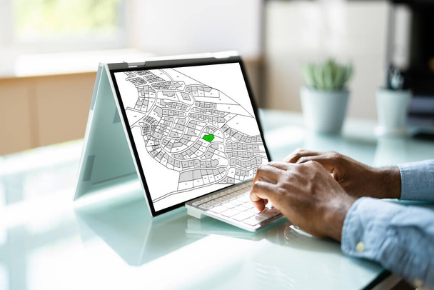 Cadastre Map And City Building Survey On Laptop - Foto, Imagem
