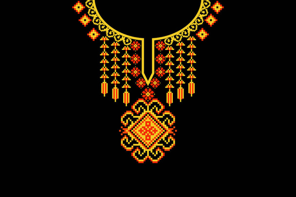 美しい花のネックライン刺繍。黒の背景に伝統的な幾何学的な民族東洋のパターン。アステックスタイル、抽象的、ベクトル、イラスト。 - ベクター画像