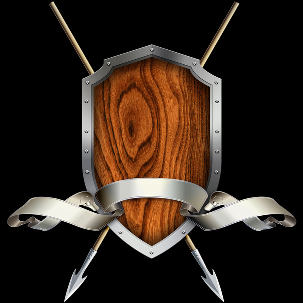 Wooden shield with steel riveted border - Fotoğraf, Görsel