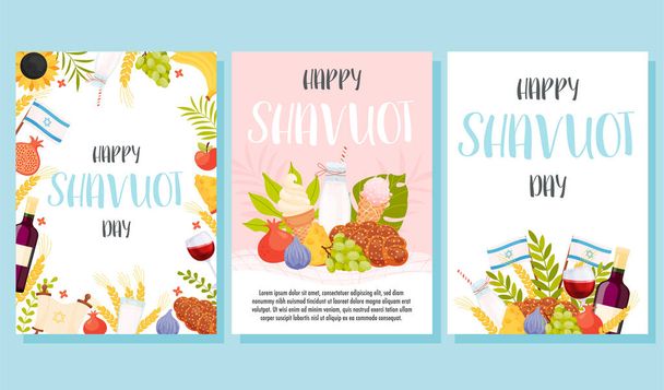 Feliz día Shavuot tarjetas de felicitación conjunto. Traducción del texto hebreo - Happy Shavuot. Ilustración vectorial - Vector, Imagen