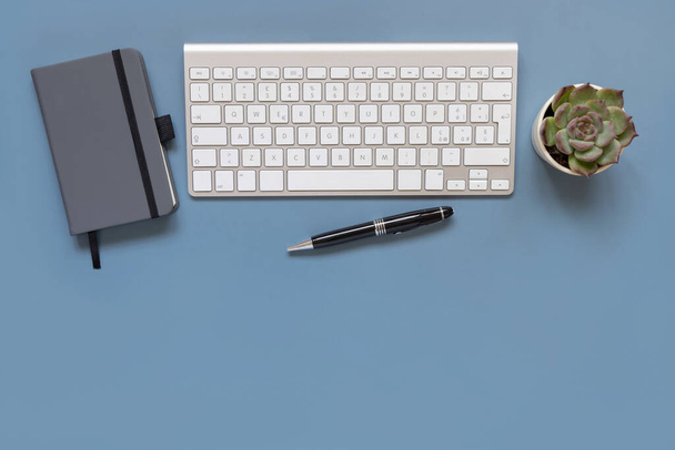 Moderner Bürotisch mit Tastatur, Planer und Pflanze in blauer Draufsicht. Smark arbeitet zu Hause. Attrappe - Foto, Bild