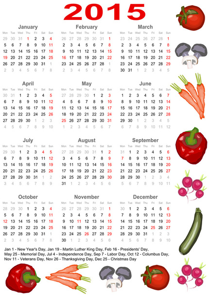 Calendário 2015 para os EUA com verduras
 - Vetor, Imagem