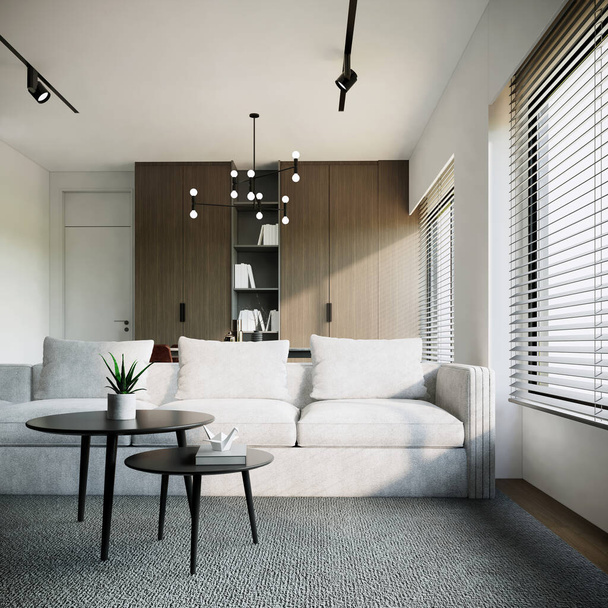 Modern Japandi style apartment. white room interior design with furniture, 3d rendering background - 写真・画像