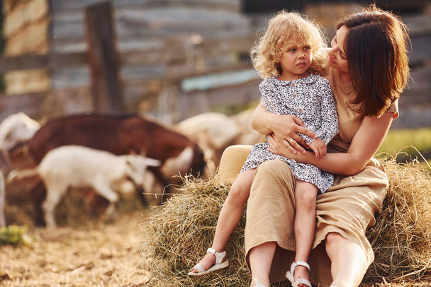 Young mother with her daughter is on the farm at summertime with goats. - Foto, Imagem