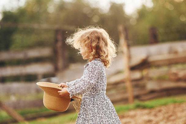 Little girl in blue clothes is on the farm at summertime outdoors. - Zdjęcie, obraz