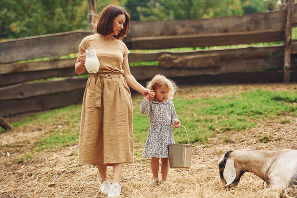 Fresh natural milk. Young mother with her daughter is on the farm at summertime with goats. - Foto, Bild
