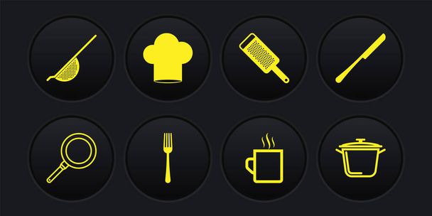 Braadpan, mes, vork, koffiebeker, rasp, koksmutje, kookpot en keukenvergiet icoon. Vector - Vector, afbeelding