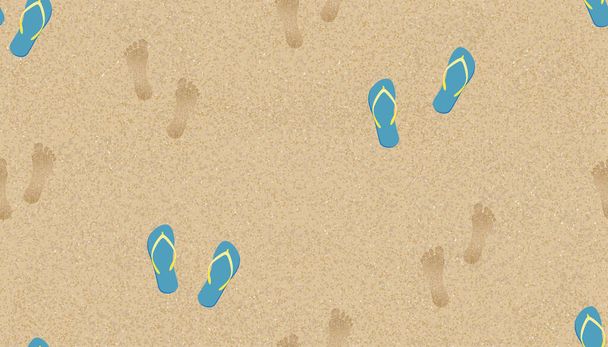 Patrón sin costuras Fondo de textura Huellas de pies humanos con caspa en el fondo de Sand Beach.Ilustración vectorial Fondo Duna de arena Brown Beach con pie descalzo y zapatilla para bandera de verano - Vector, imagen
