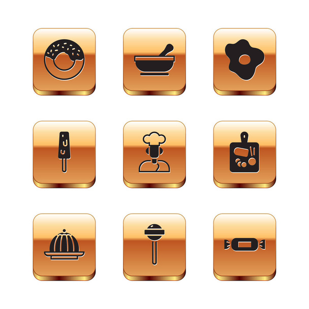 Set Donut, Pudding custard, Lollipop, Cook, Ice cream, Scrambled eggs, Candy and Mortar pestle icon. Vector - Vector, Image