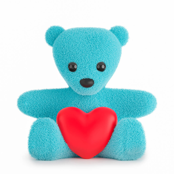 3D znázornění roztomilého plyšového medvídka s červeným srdcem na bílém pozadí. - Fotografie, Obrázek