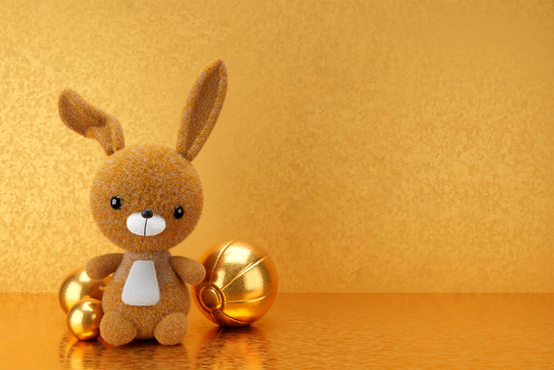 3d renderizar ilustração de coelho de brinquedo na prateleira de exibição de ouro. Quarto de criança mock up. - Foto, Imagem