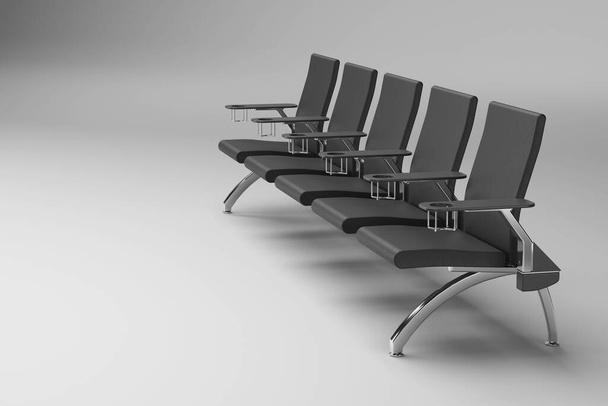 Öffentliche Sitze mit weißem Hintergrund. Flughafenbank aus Metall im 3D-Render - Foto, Bild