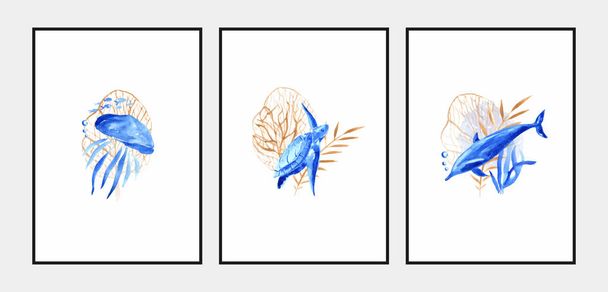 Vida marinha. Conjunto de cartazes azuis com motivos de aquarela oceânica. - Vetor, Imagem