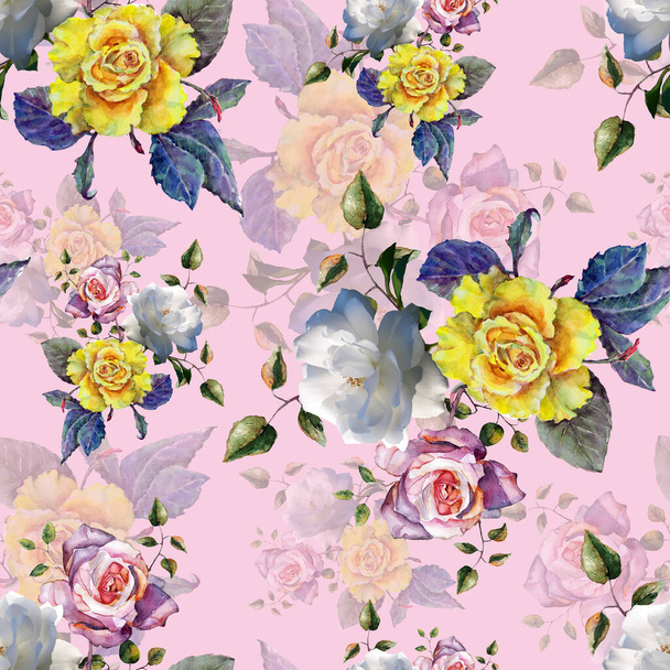 Watercolor flowers rose with photo flowers rose on pink background. Floral seamless pattern. - Photo, image