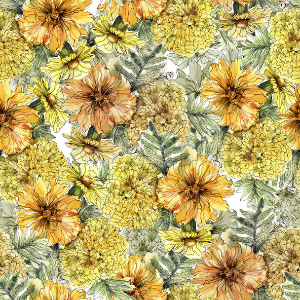 Watercolor seamless pattern with flowers marigold.  - Fotoğraf, Görsel