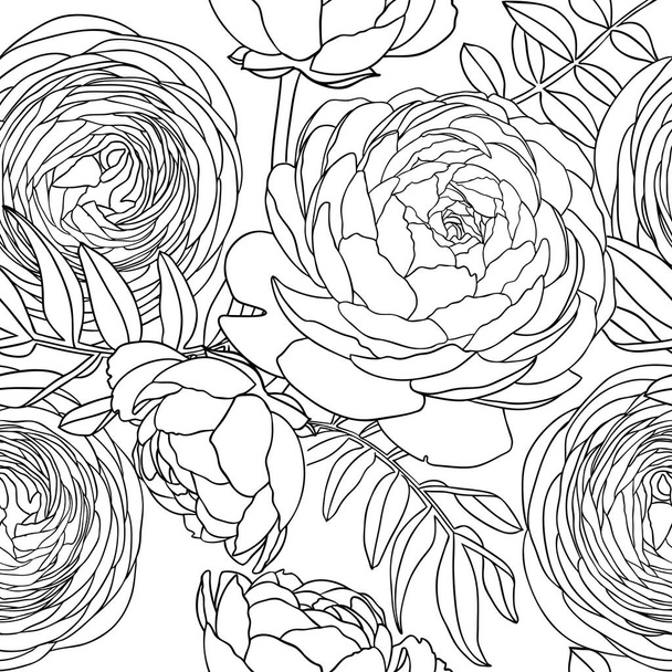 Line art ranunculus background. Abstract and minimalist illustrations with floral outlines. Ranunculus outlines seamless pattern for wall art, prints, wrapping paper, packaging, fabric. - Vector, Imagen