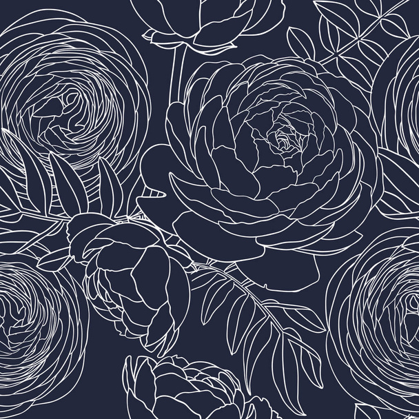 Line art ranunculus background. Abstract and minimalist illustrations with floral outlines. Ranunculus outlines seamless pattern for wall art, prints, wrapping paper, packaging, fabric. - Vektor, obrázek