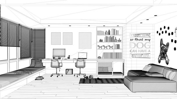 Blueprint project draft, home office. Desk with chairs and computers, big window and velvet sofa. Dog bed with gate, carpet with dog toys. French bulldog artwork, interior design - Photo, Image
