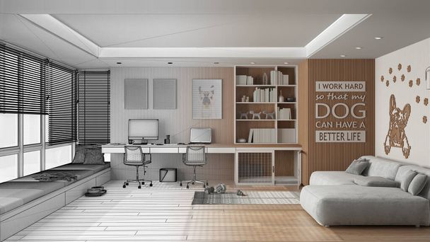 建築家インテリアデザイナーのコンセプト:手描きのドラフト未完成のプロジェクトは、本物になります,ホームオフィス.椅子とコンピュータ、大きな窓とベルベットのソファ付きのデスク。門のある犬小屋 - 写真・画像