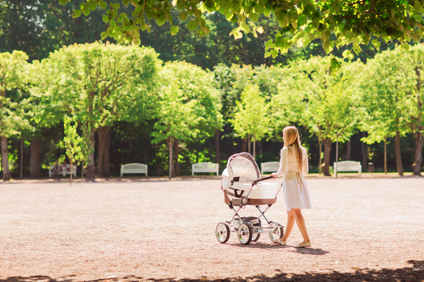 happy mother with stroller in park - Fotoğraf, Görsel