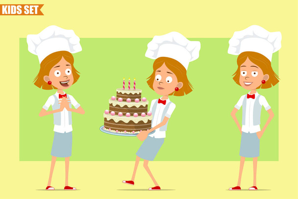Cartoon flache lustige kleine Koch Köchin Mädchenfigur in weißer Uniform und Bäckermütze. Kind trägt Geburtstagstorte und posiert. Bereit für Animationen. Vereinzelt auf olivem Hintergrund. Vektorsatz. - Vektor, Bild
