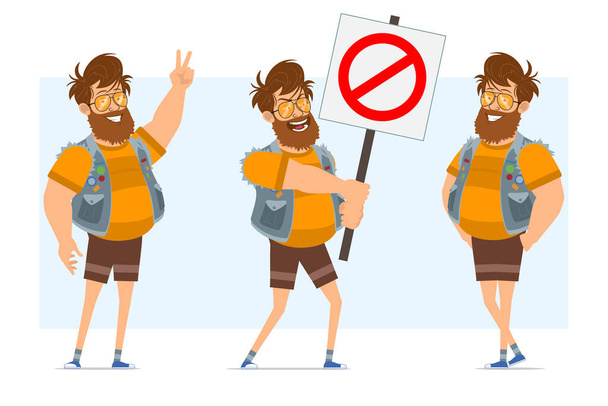 Cartoon flat bearded fat hipster man character in jeans jerkin and sunglasses. Ready for animation. Boy standing, showing peace sign and no entry sign. Isolated on blue background. Vector icon set. - Vector, Image