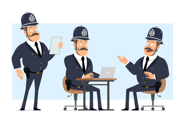 Cartone animato piatto divertente britannico personaggio poliziotto grasso in casco e uniforme. Un ragazzo che legge appunti e lavora al portatile. Pronti per l'animazione. Isolato su sfondo blu. Set vettoriale. - Vettoriali, immagini