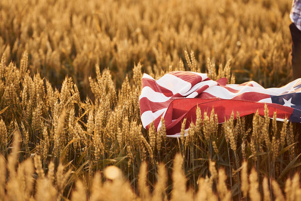 Particle view of USA flag that lying down on the harvest. On the agricultural field. Conception of freedom. - Valokuva, kuva