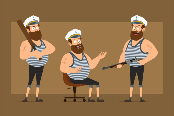 Rajzfilm lapos vicces szakállas kövér tengerész karakter kapitány kalap tetoválás. Baseball ütővel és puskával a kezében. Készen állok az animációra. Barna háttérrel elszigetelve. Vektorkészlet. - Vektor, kép