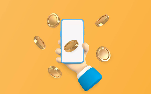 Cartoon character hand with smart phone and flying gold coins. Vector illustration. - Vektor, obrázek