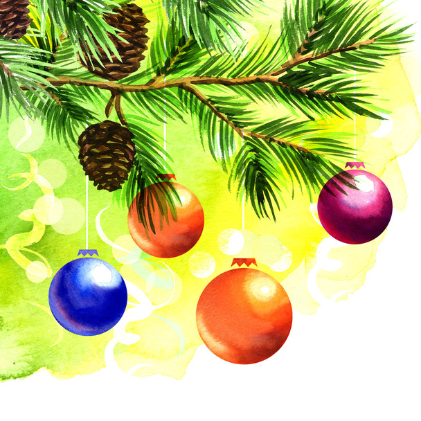 kerstballen op groene sparren tak - Foto, afbeelding